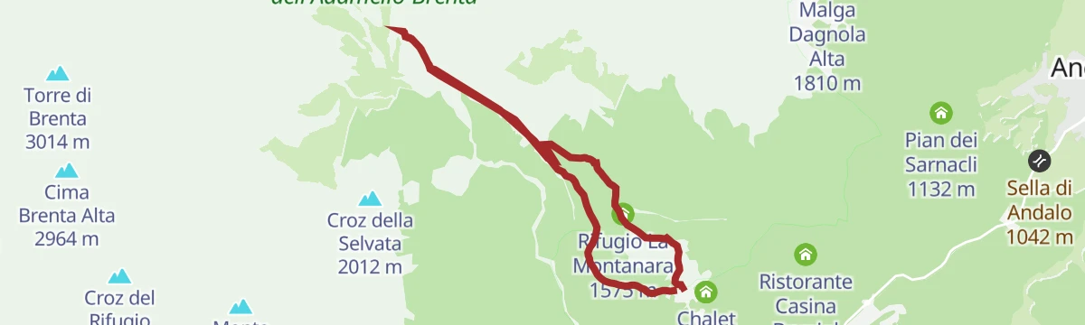 Route map: Trekking in Pradel: Malga Tovre, Rifugio La Montanara and Rifugio Croz dell'Altissimo
